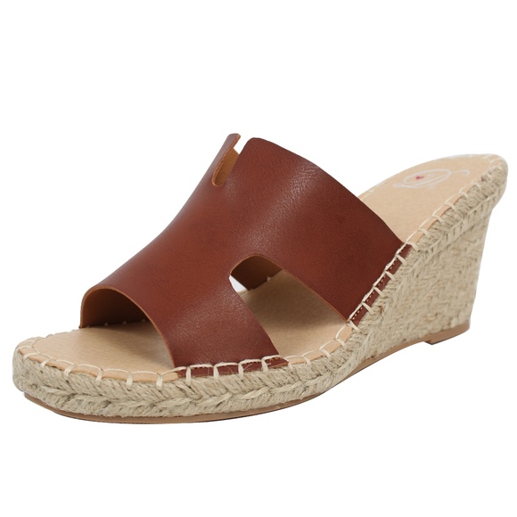 Shoes - Tan Open Toe Cutout Espadrille Wedge